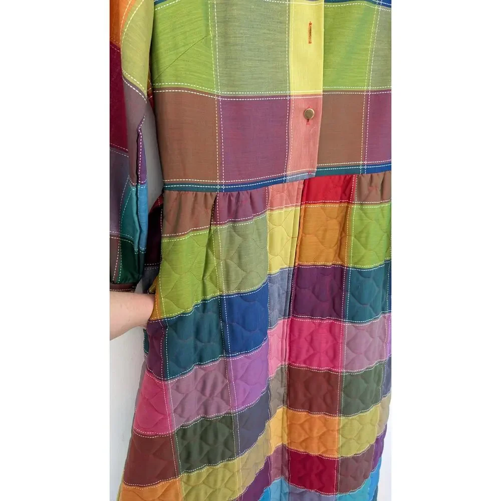 Penneys Loungewear 1970s Rainbow Patchwork Plaid Quilted House Dress Size Medium - Picture 4 of 12
